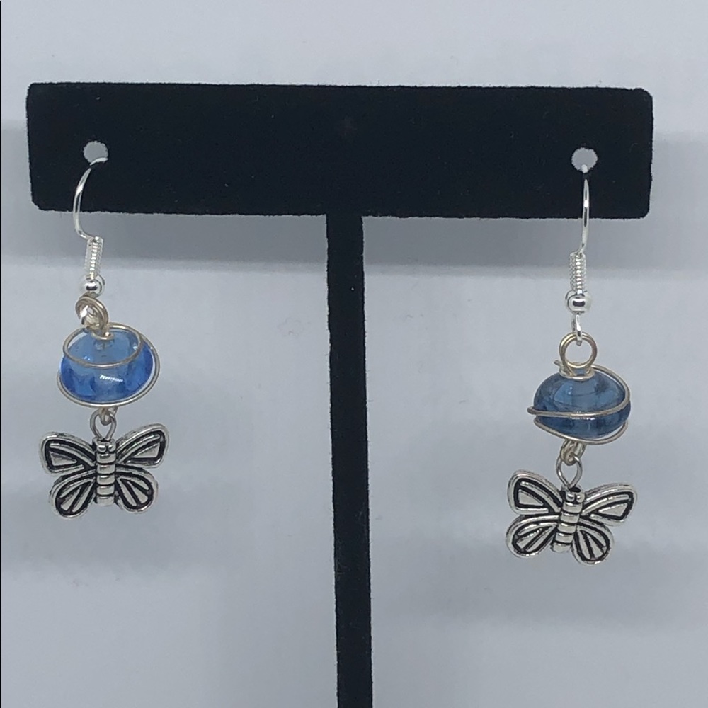 Butterfly and Blue Wrapped Bead Earrings